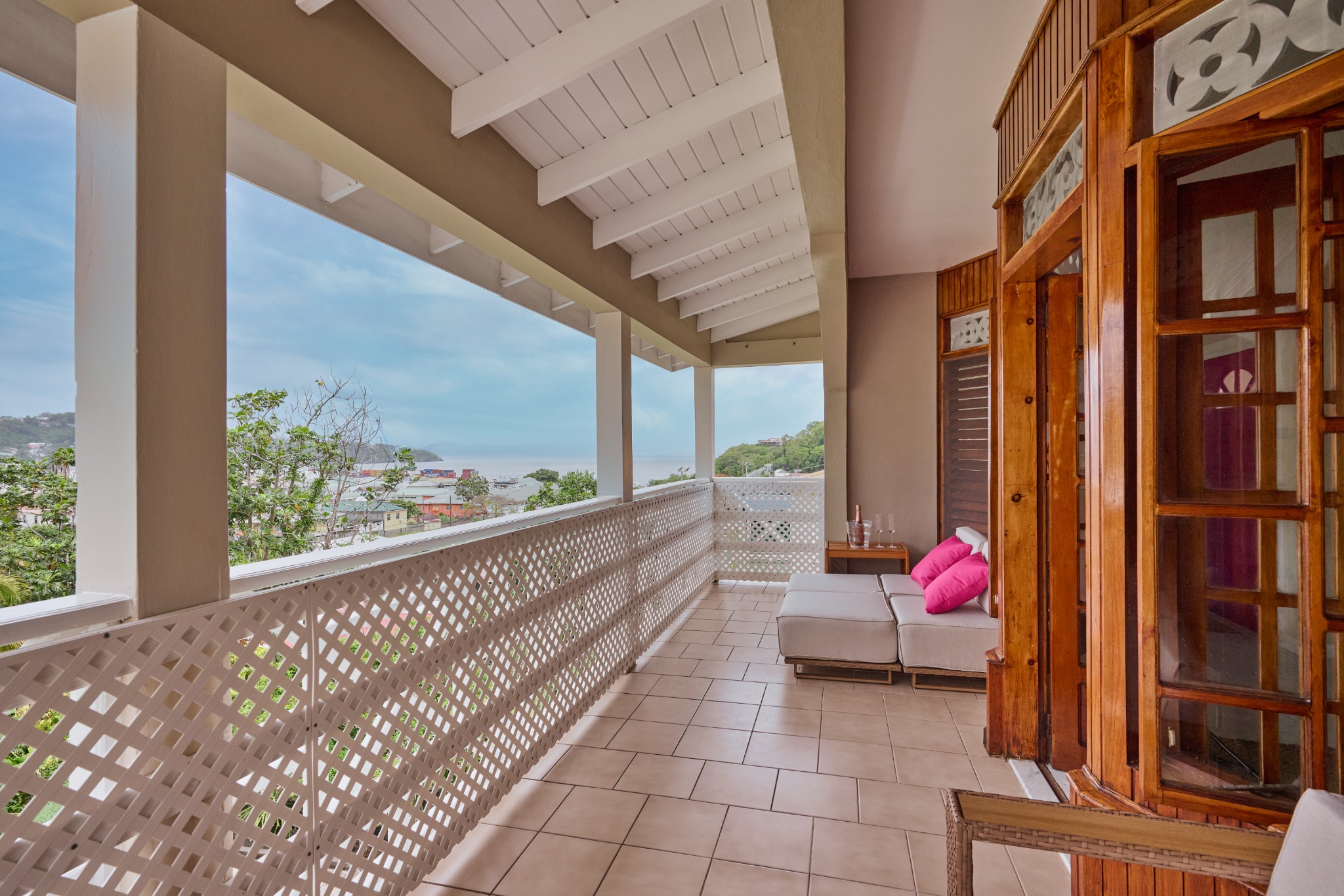 The long covered porch at Harbour View Suite overlooking Kingstown