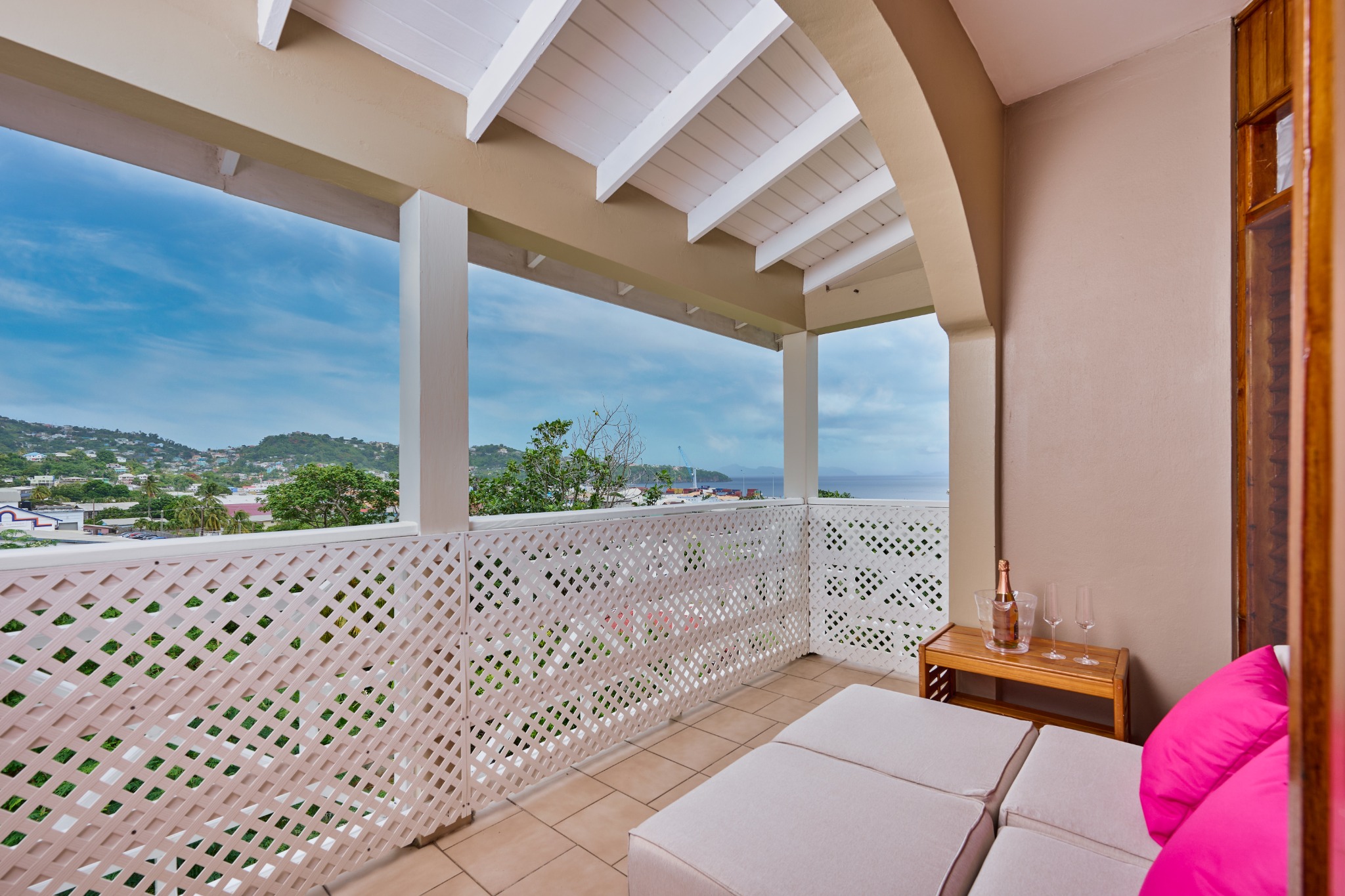Covered porch at the Harbour View Suite overlooking Kingstown Harbour